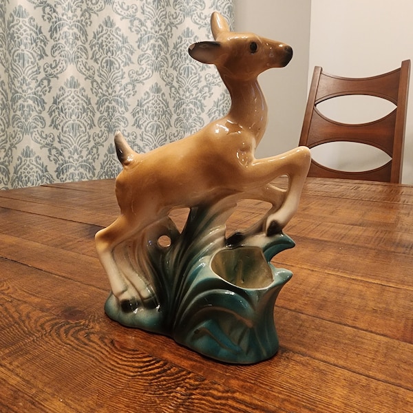 Vintage Mid Century Modern Doe Deer Ceramic Pottery Planter Figurine Large Leaping Deer Cabin Decor Succulent Decor