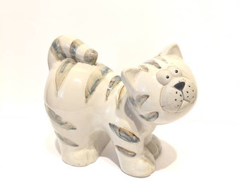 Large Pottery Cat Sculpture Kitten Decor Cat Figure Animal Decor Pottery Figure Striped Cat Decor Kitty Figure