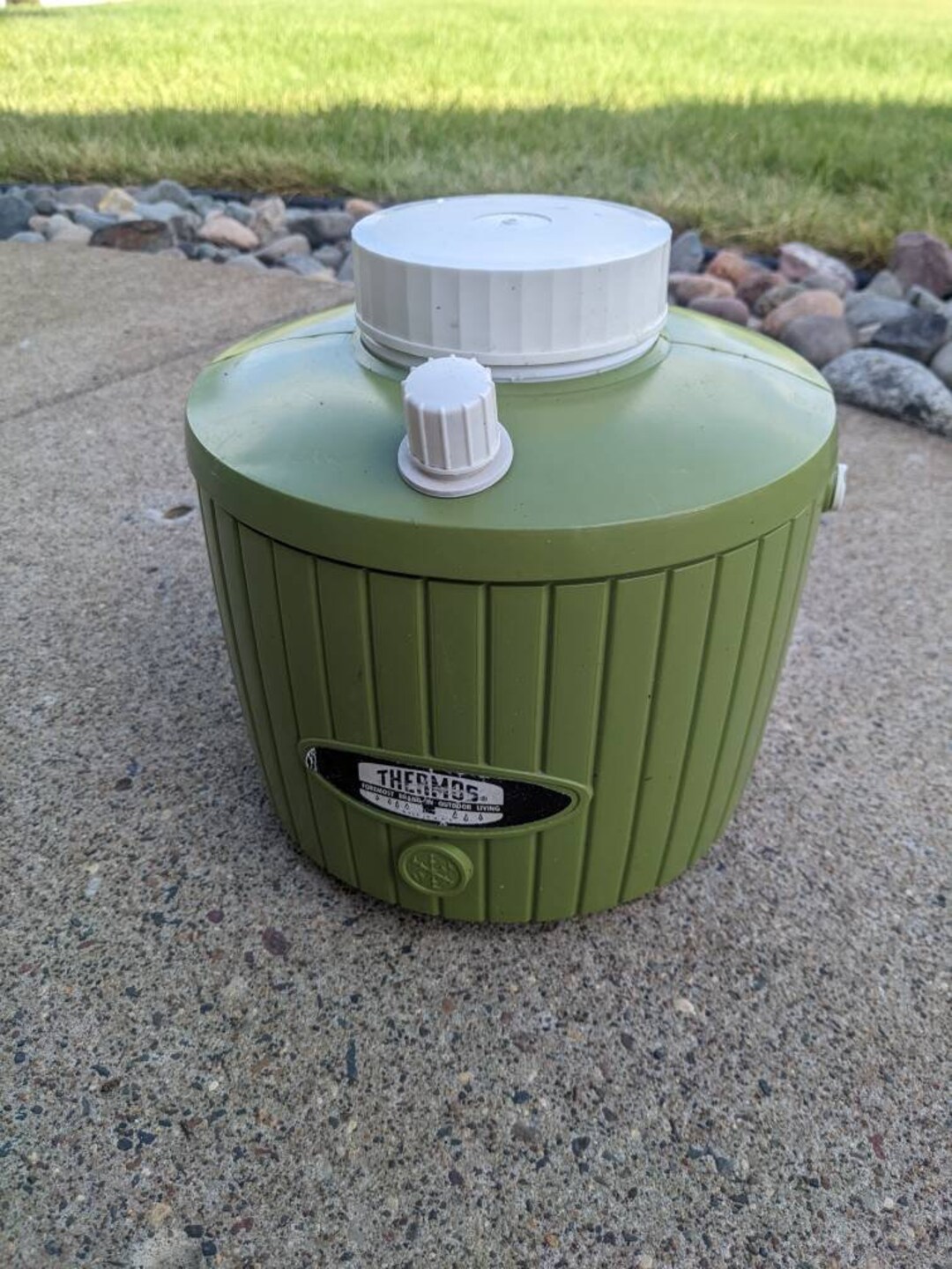 Green and White Vintage Thermos Water Cooler Vintage Camping Gear