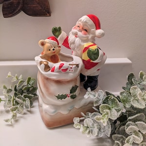 Lefton Ceramic Christmas Music Box Santa  Revolving Teddy Bear Christmas Music Box Rotating Santa Figurine