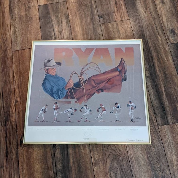 Nolan Ryan Texas Rangers Signed Print Jackie Newcomer Art Texas Rangers Hanging Lithograph Signed Nolan Ryan Cowboy Art Baseball Collectible