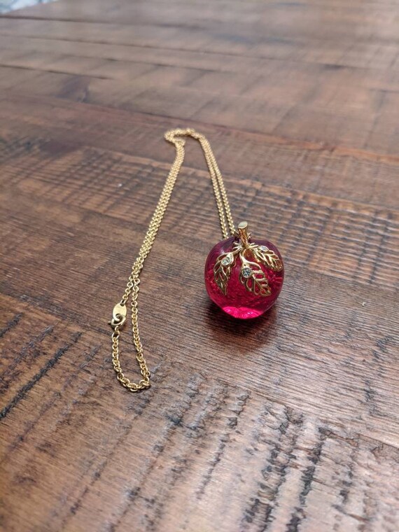 Avon Apple Necklace Resin Apple Gold Leaf Apple Pe