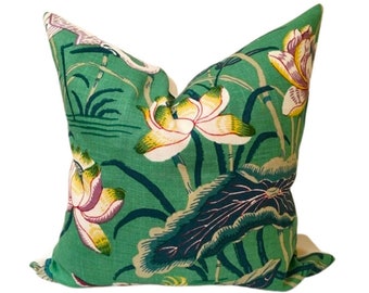 Schumacher  Lotus Garden Designer Pillow Cover in Colorway Jade Chinoiserie Lotus Sofa Cushion Green Bed Sham