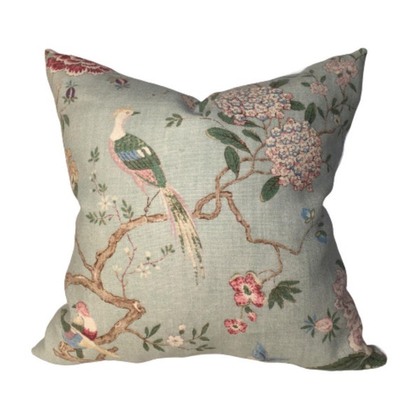 G P & J Baker Oriental Bird Designer Pillow Cover in Eau De Nil Chinoiserie Sofa Cushion Blue Asian Bed Pillow