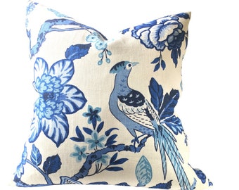 Schumacher HUNTINGTON GARDENS Designer Pillow Cover Colorway Bleu Marine Blue Bird Pillows Navy Floral Sofa Cushion Velvet Bed Pillow