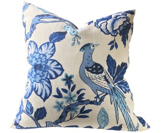 Schumacher HUNTINGTON GARDENS Designer Pillow Cover With Grosgrain Trim Back Colorway Bleu Marine Blue BedbPillows Navy Floral Sofa Cushion