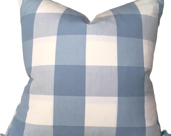 Schumacher Check Designer Pillow Cover Sky Blue Sofa Cushion Check Bed Sham Country Accent Pillow Buffalo Check Farmhouse Decor
