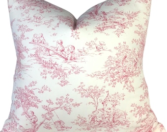 Toile Pillow Cover Central Park Toile Pink and Cream Pink Toile Pillow for Bed Little Girl's Bed Pillow Single Sided