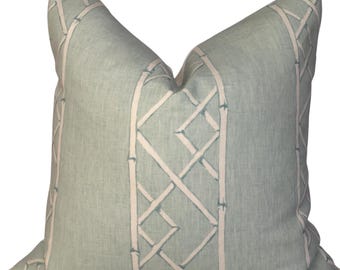 Aquamarine Linen Pillow Cover, Kravet Latticely Bamboo Trellis Design