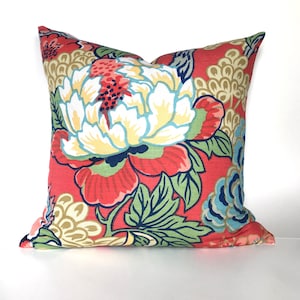 Thibaut Honshu Pillow Cover - High End Designer Pillow in Coral and Green - Chinsoiserie Pillow, Single Sided, Red Floral Pillow