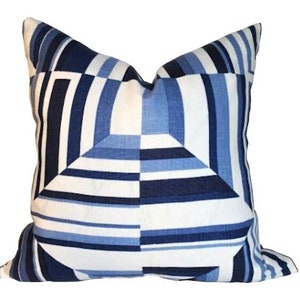 Thibaut Cubism by Anna French, High End Designer Linen Pillow Cover in Colorway Blue on White