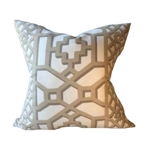 Schumacher Zanzibar Trellis Designer Pillow Cover in Colorway Sand, Beige Goemetric Pillow, Tan Chinoiserie Pillow