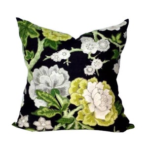 Schumacher Bermuda Blossoms Designer Pillow Cover in Colorway Jet - Linen Pillow Covers - Mary McDonald Pillow Cover