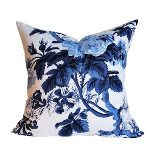 Schumacher Pyne Hollyhock Indigo Designer Pillow Cover, Single Sided, Floral Chintz Sofa Cushion , High End Pillows