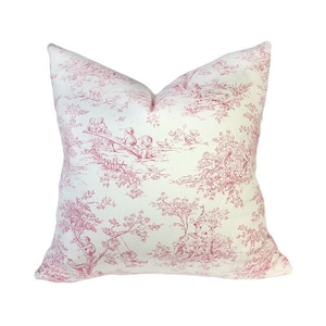 Toile Pillow Cover Central Park Toile Pink and Cream Pink Toile Pillow for Bed Little Girl&#39;s Bed Pillow Single Sided