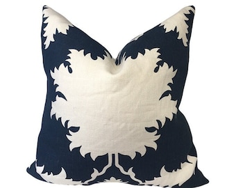 Schumacher Garden of Persia Pillow Cover, Bleu Marine Linen with Navy Trim