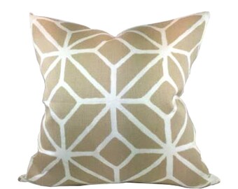 Ready to Ship Outdoor Pillow Cover in Schumacher Trellis Print in Sand