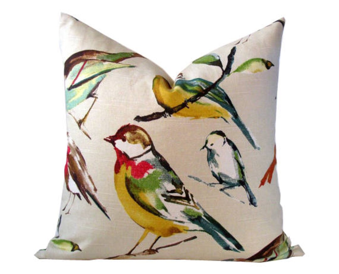 Bird Pillows Blue Green Brown Birds Toss Beige Pillows Multi Color Throw Pillow Cover Family