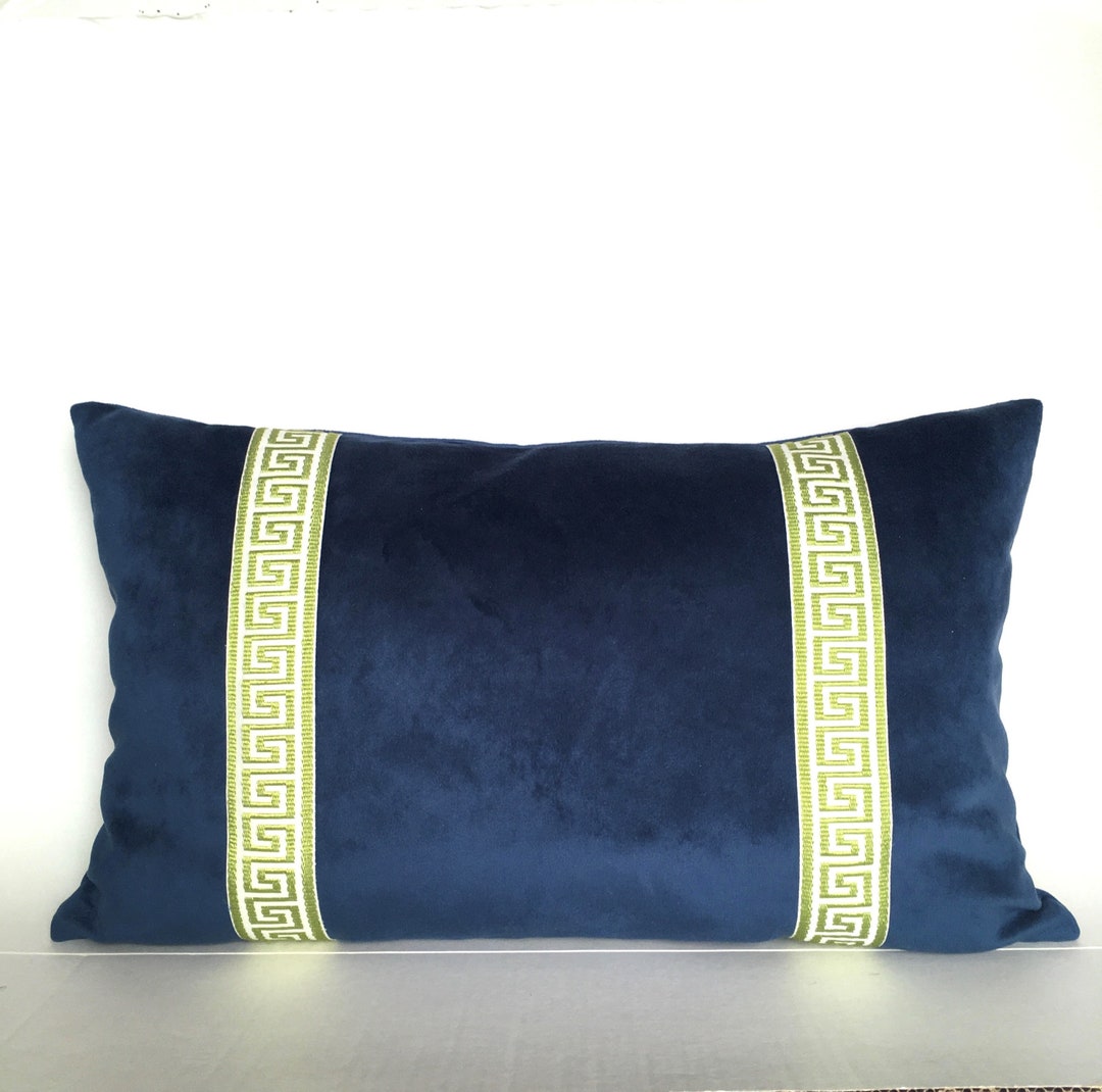 Blue Velvet Lumbar Pillow Cover 12 X 20 With Greek Key Trim Etsy