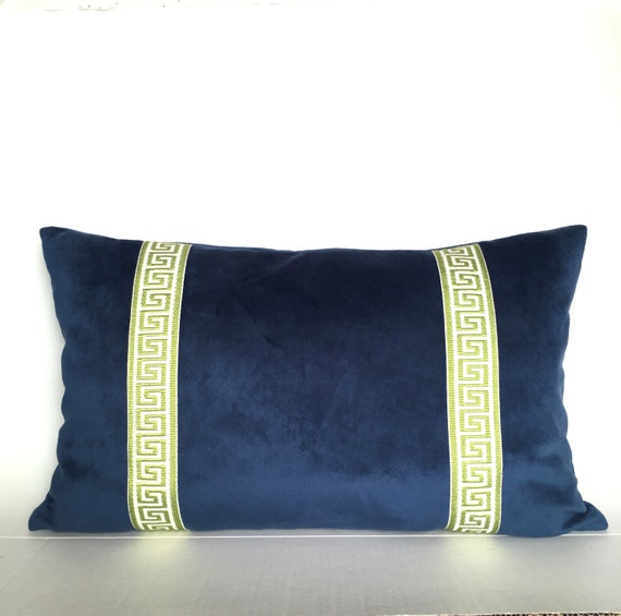 Blue Velvet Lumbar Pillow Cover 12 X 20 With Greek Key Trim