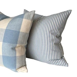 May include: Two decorative throw pillows, one with a blue and white gingham pattern and the other with blue and white stripes.