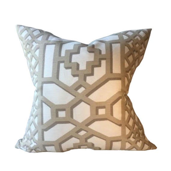 Ready to Ship Outdoor Pillow Cover in Schumacher Trellis Print in Sand