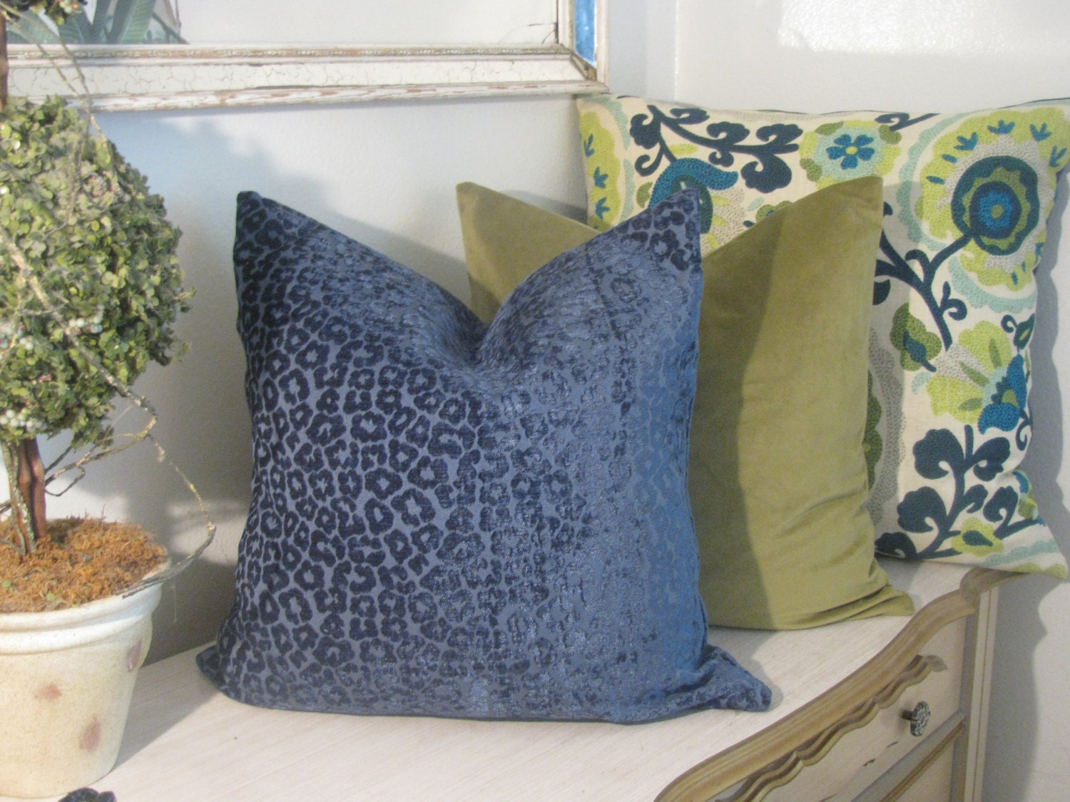 Blue Leopard Pillow Cover Chenille With Cheetah Designer Etsy