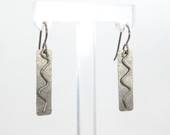 Textured Titanium Rectangle Earrings with Free Hanging Wavy Squiggles