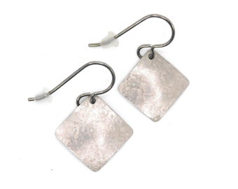 Small Textured Titanium Square Earrings - Angled