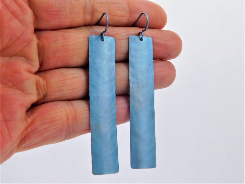 Long Hammered Blue Rectangle Titanium Earrings