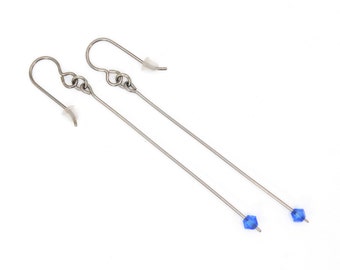 Long and Sleek Swarovski Sapphire Blue Crystals on Pure Titanium Dangles