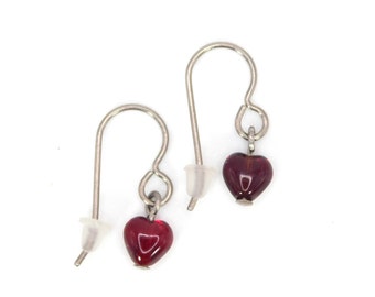 Garnet Puffed Glass Hearts on Titanium Ear Wires