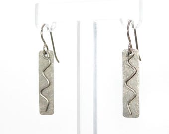 Textured Titanium Rectangle Earrings with Free Hanging Wavy Squiggles