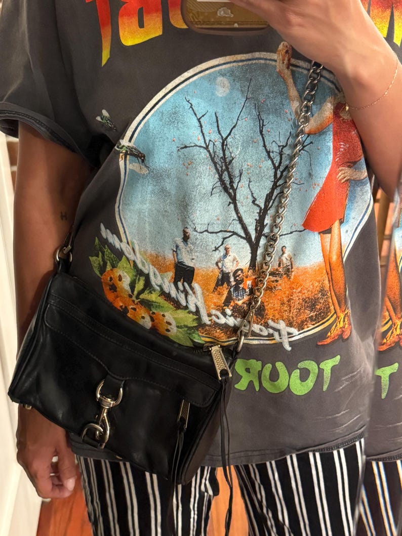May include: A black leather crossbody bag featuring a silver-tone chain strap, a front flap with a metallic clasp, and a side zipper detail. The bag is worn over a dark gray t-shirt with a graphic print of a tree, figures, and orange fruit.