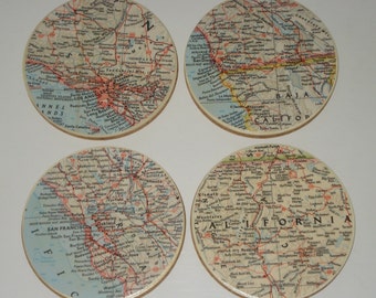 California Coasters for drinks, Round Vintage California Map coasters