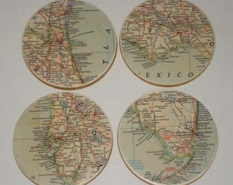 Vintage Map Coasters, Florida coasters, round coasters for drinks, Florida map