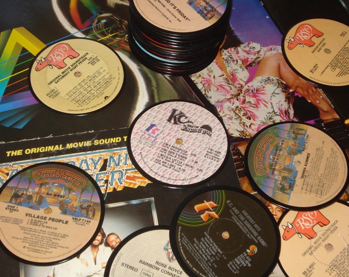 Disco Music Coasters, 4 disco vinyl record coasters, 70s music coasters for drinks, dance music