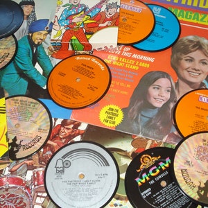 Oldies Bubblegum Pop vinyl record coasters, 4 handmade record label drink coasters, music gift, 70s music