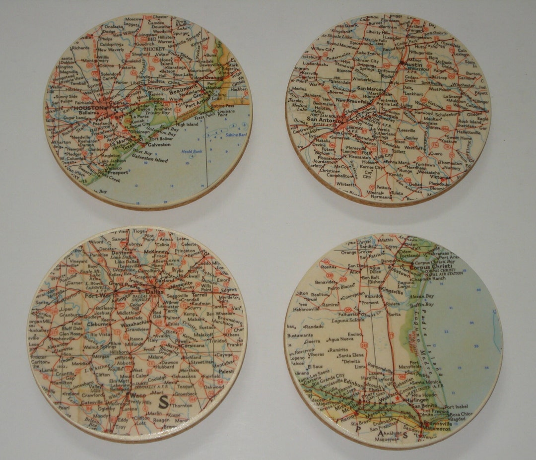 Round Map Coaster Vintage Texas Map Coasters, Round Coasters for Drinks - Etsy