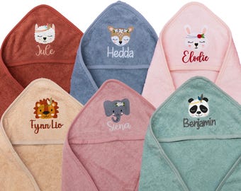Kapuzenhandtuch mit Namen bestickt 100 cm x 100 cm oder 80 x 80 cm viele Farben und Motive Badetuch Baby Babybadetuch personalisiert