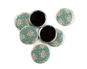 Pocket mirror - mint green - flowers - fabric-related - button