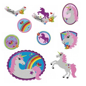 May include: A collection of embroidered patches featuring unicorns, rainbows, and the word "Lovely". The patches are in various shapes, including circles, ovals, and banners, with a color palette of pink, purple, blue, and yellow.