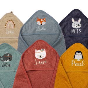 Hooded towel 80 x 80 cm embroidered with name bath towel baby baby bath towel personalized choice of color motif choice image 1