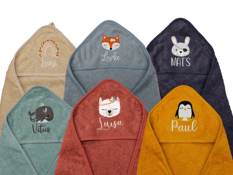 Hooded towel 80 x 80 cm embroidered with name bath towel baby baby bath towel personalized choice of color motif choice image 1