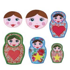 May include: A collection of colorful Matryoshka dolls, also known as Russian nesting dolls, with painted faces and decorative patterns. The dolls feature a variety of designs, including hearts, floral patterns, and stars. The color palette includes pink, blue, green, and yellow.