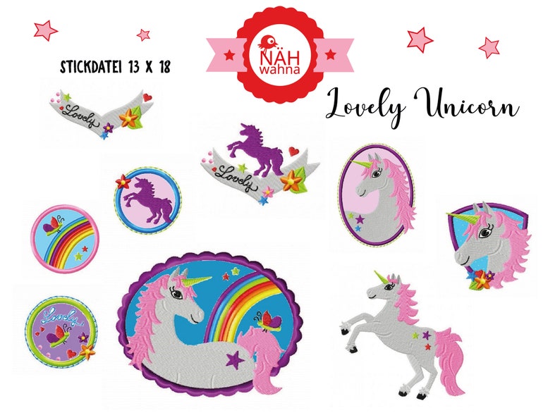 15 Stickdateien 10 x 10 und 13 x 18 große Stickserie Lovely Unicorn Bild 1