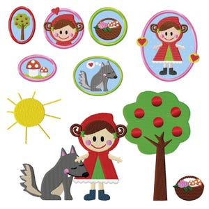 May include: A collection of embroidered patches featuring elements from the Little Red Riding Hood story. Includes a girl in a red cape, a wolf, a tree with red apples, a basket of flowers, and other oval-shaped designs.
