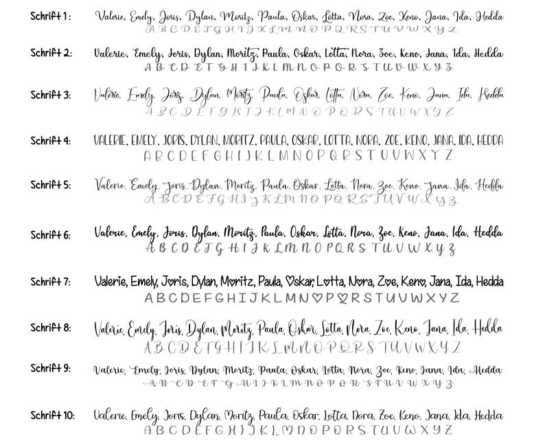 May include: A digital image showing ten different fonts, each with the same set of names and letters. The fonts are labeled "Schrift 1" through "Schrift 10".