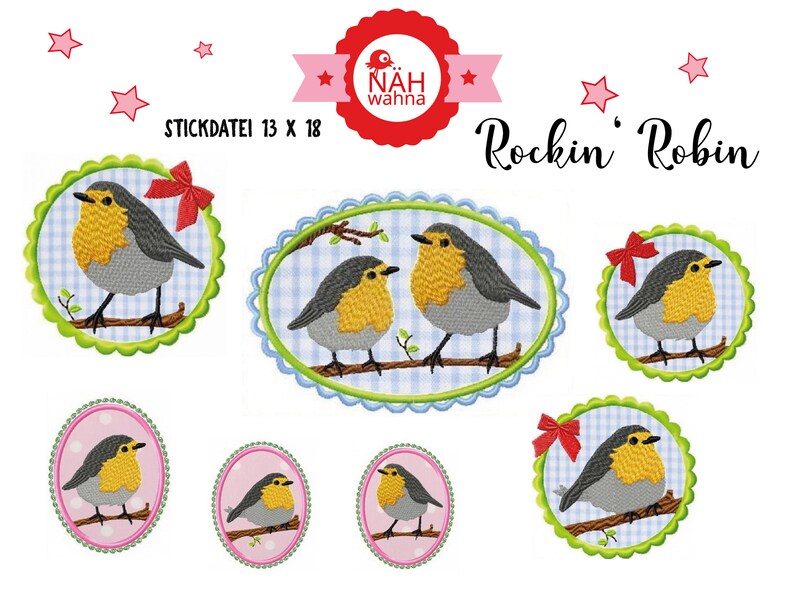 7 Stickdateien 10 x 10 und 13 x 18 große Stickserie Rockin' Robin Bild 1