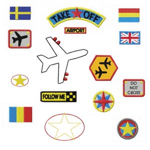 以下が含まれることがあります： 航空をテーマにした刺繍パッチのコレクション。旗、飛行機、星、および「TAKE OFF」、「AIRPORT」、「FOLLOW ME」、「DO NOT CROSS」などのテキストを含むパッチが含まれています。パッチはさまざまな形と色をしています。